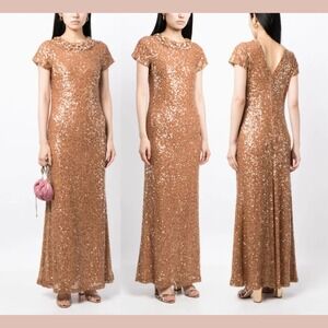 NWT $1095 SACHIN & BABI [ 4 ] Shiloh Short Sleeve Sequin Gown Honey Bronze S1819